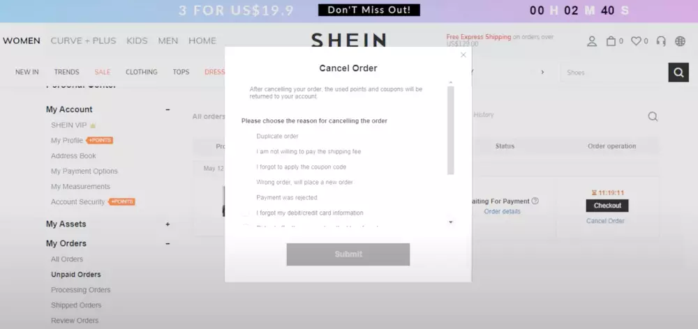 What are the details of Shein’s order cancellation policy
